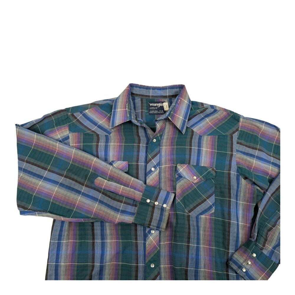 Wrangler XL Long Tails Pearl Snap Western Rodeo Plaid Cowboy
